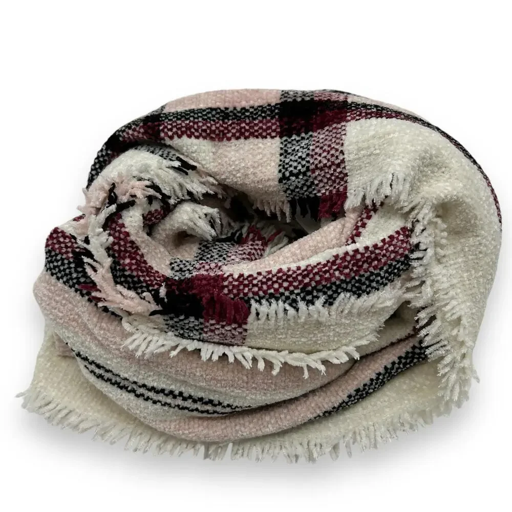 NEW Style & Co Chenille Plaid Fringe Trim Scarf Macys Pink White Tartan coquette - Picture 4 of 8